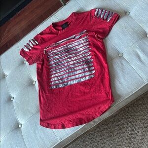 SWITCH Remarkable Red Grey Graphic Zip Distressed Tee Size Small